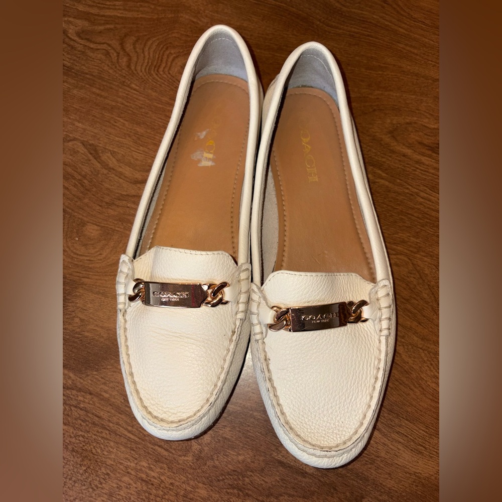 Coach White Leather Women's Driving Loafers with Gold-Tone Bit